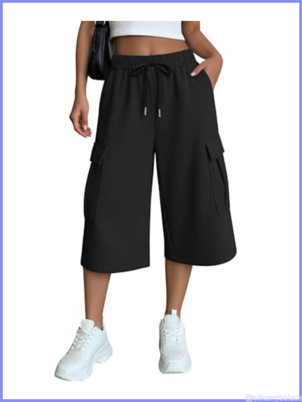 Women's Baggy Cargo Capri Pants Drawstring Wide Leg 95% Polyester 5% Spandex